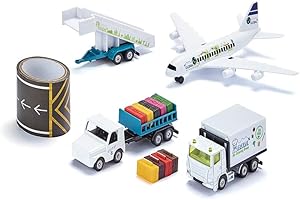 Siku 6312, Zestaw lotniskowy, Metal,Tworzywo sztuczne, Biały, Samolot pasażerski, Samochód gastronomiczny, Przyczepa ze schodami pasażerskimi, Ciągnik lotniskowy, 5-metrowa taśma pasa startowego