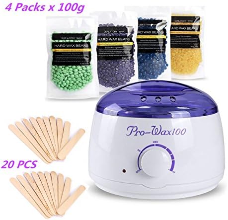 Hair Removal Waxing Kit Yahead Electric Rapid Melt Hot Wax Warmer with 4 Packs Flavors Hard Wax Beans (Tea Tree, Lavender, Honey, Chamomile) and 20pcs Wax Applicator Sticks