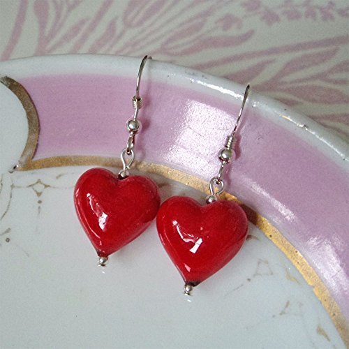 Diana Ingram earrings with red pastel Murano glass small heart drops on Sterling Silver or 22 Carat gold vermeil hooks