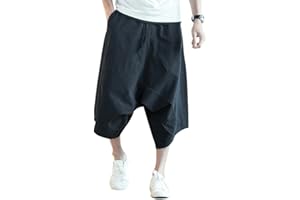 Minetom Homme Été Pantalon en Lin Lâche Capri Shorts Bermudas 3/4 Pantacourt Oversize Baggy Elastique Solide Confortable Respirant Cargo Pants Large Sarouel