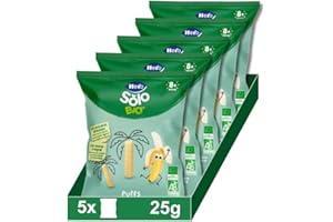 Hero Solo Bio, Snack Infantil Ecológico, Puffs de Maíz Avena y Plátano, Sin Aditivos Ni Sal Añadida, Apto Desde 8 Meses, 25g x 5uds