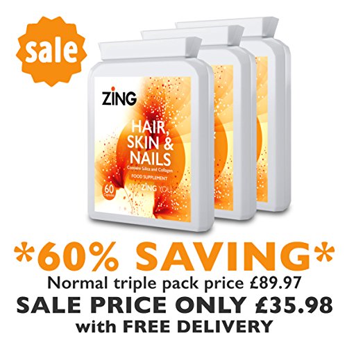Zing Hair, Skin & Nails (Triple Pack) - #1 Bestselling beauty supplement for lustrous silky hair, soft vibrant skin and perfect nails. 60% OFF SPECIAL INTRODUCTORY OFFER AND FREE DELIVERY.