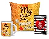 TIED RIBBONS Karva Chauth Gift for Romantic Wife Girl Friend Combo Pack (Designer Cushion with Filler, Printed Coffee Mug, Greeting Card)