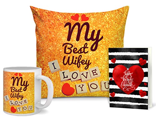TIED RIBBONS Karva Chauth Gift for Romantic Wife Girl Friend Combo Pack (Designer Cushion with Filler, Printed Coffee Mug, Greeting Card)