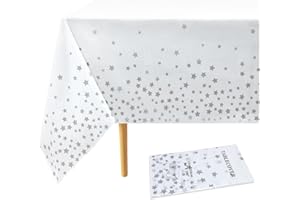 Topeedy 1pcs White and Silver Tablecloth,137*274cm Christmas Plastic Silver Star Tablecloth for 6-8 Seater Large Dining Table, Disposable Waterproof Table Cover for Birthday Party Wedding Decoration