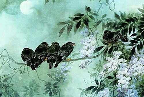 LARGE CHINESE CANVAS ART BIRDS AND FLOWERS BLUE TONED BOX CANVAS 30 X 20 INCHES READY TO HANG