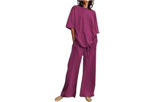 HAOLEI Set di Due Pezzi di Lino Casual Completo Casa Larghi Taglie Forti Curvy Tuta Elegante Camicia + Pantaloni Lino Completa Larghi Tuta Estiva Confortevole Due Pezzi Regalo per la Festa Della Mamma