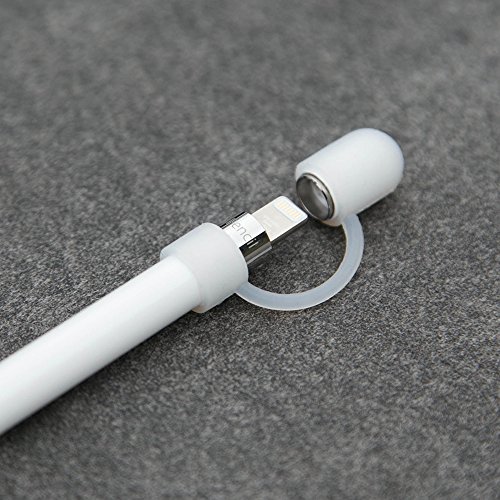 Jisoncase [4-teilig] Apple Pencil und Lightning-Adapter Hülle/ Halter, Herunterrollen zu vermeiden, Halterungen für USB Kabel Ladekabel Datenkabel Adapter, 9.7 12.9 Zoll iPad Pro Pen Kappe Apple Stift Pencilschutz Stiftehalter , praktische applepen Zubehör, Silikon, lichtdurchlässig/ weiß(Fluoreszenz) JS-APL-03P02 - 6