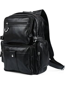 Tiding Herren Klassisch Echtleder Reise Draussen Schule Freizeit Weekender Rucksäcke Schulter Tasche Schwarz