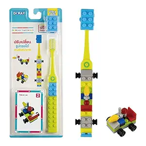 Dr.RAY Kids Toothbrush with Building Blocks and Toothbrush Covers, Extra Soft, Ages 6+ (Pack of 1, Yellow)