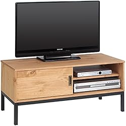 IDIMEX Meuble TV Selma Banc télé de 98 cm au Style Industriel Design Vintage avec 1 Porte coulissante et 1 Compartiment Ouvert, en pin Massif teinté Brun Clair