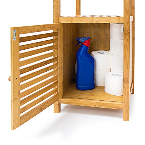 Relaxdays Badregal Bambus mit 4 Ablageflächen HxBxT 110×36,5×33 cm praktisches Holzregal mit mehreren Ebenen und Schrankteil mit magnetischem Verschluss mit Stauraum für Bad und Wohnzimmer, natur - 4