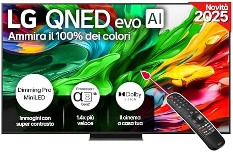 LG QNED evo AI QNED86 TV 65 pollici, Smart TV 4K, Processore α8 Gen2, Dimming Pro con MiniLED, webOS e telecomando puntatore con AI, Dolby Vision, Gaming con VRR e FreeSync 4K@144Hz, 65QNED86A6A 2025