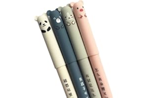 Rocita Lot de 4 stylos à encre gel effaçable avec motif animal de dessin animé, encre bleue, 0,35 mm