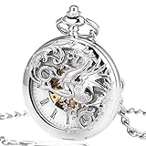 Esunlink Mechanische Taschenuhr für Männer Silver Dream Dragon Skeleton Burlywood-Zifferblatt mit Cowboy-Kette + Geschenkbox