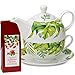 Produktbild matches21 Tea For One Teekanne Set Monstera Fensterblatt Blatt Dekor Porzellan inkl. Roiboostee Teemischung Tee Geschenkset