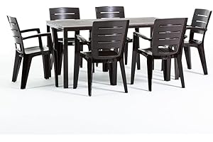 SIEDITI FUORI E DENTRO Conjunto jardín exterior mesa y sillas para 6 personas, mesa rectangular de acero con listones de polietileno efecto madera, 6 sillas apilables de resina - Thomas & Anita (Moka)