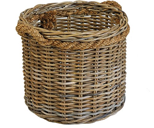 Großer Pflanzkorb rund aus grauem Natur Rattan Ø50cm mit Seilrand