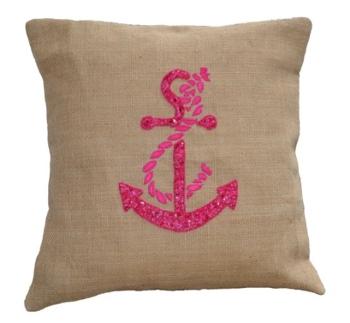 Amore SONP handgefertigt Jute Sackleinen Kissen, Kissen mit Hot Pink Anchor embroidery- Nautisches Kissen, Anker Kissenbezug, bestickt Kissen, Beach Décor Kissenbezug, beige, 50 x 50 cm - 2