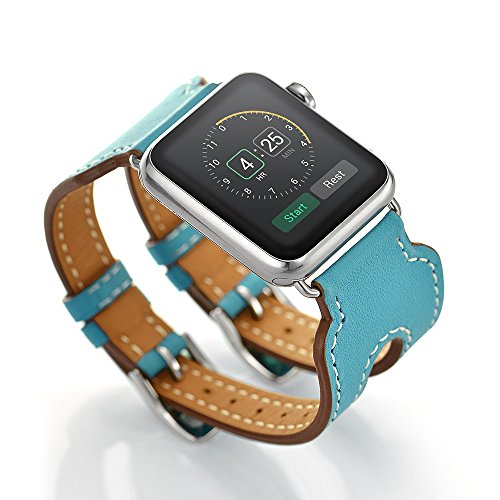 FOTOWELT para Apple Watch Series 1/2, 2016 Nuevo estilo 38mm doble hebilla de lujo puño de cuero genuino banda de pulsera de reemplazo para Apple Watch Series 1/2 iWatch-Teal