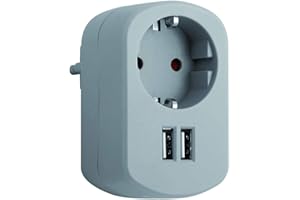SIMON - Adattatore Combi, adattatore da viaggio con presa Schuko 16A e 2 prese USB, adattatore di corrente di ricarica da parete, ladro USB, colore grigio cenere