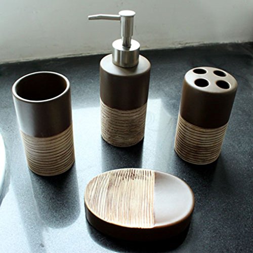 Preisvergleich Produktbild Providethebest 4PCS klassischer Art-Keramik-Seifenschale Spender Zahnbürstenhalter Badezimmer Set Keramik Cup Lotion Bottle Kit Kaffee
