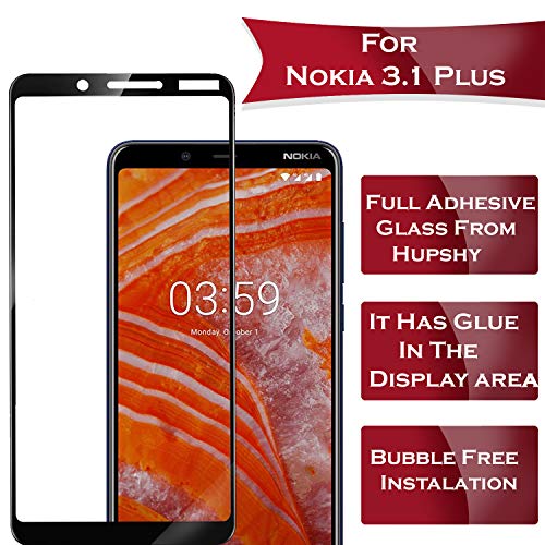 Hupshy® Nokia 3.1 Plus Tempered Glass Screen Protector Full Glue Edge to Edge Fit 9H Hardness Bubble Free Anti-Scratch Crystal Clarity Screen Guard for Nokia 3.1 Plus - Black (FTG01)