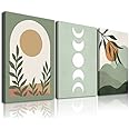 Sage Green Boho Wall Art Set of 3, Boho Room Decor, Mid-Century Modern Wall Art Prints, Framed Neutral Abstract Canvas Prints Green Wall Art Sun Leaf Mountain Minimalist Artwork 12" X 16" for Bathroom