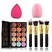 SONGQEE(TM) 15 Colors Makeup Neutral Face+4 pcs Synthetic Hair White Brushes Kabuki Flat Foundation Brush +Pink Puff Makeup Egg Sponge+Egg Cleaning Glove Washing Brush Scrubber Board Brushegg