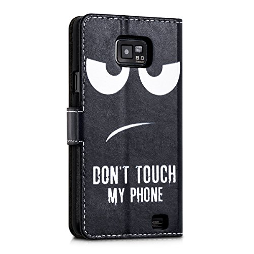 kwmobile Custodia portafoglio per Samsung Galaxy S2 S2 PLUS - Cover a libro in simil pelle Design Don't touch my phone Flip Case con porta carte funzione appoggio bianco nero