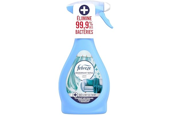 Febreze Spray Désodorisant Textile Désinfectant 385 ML Linge Frais, Élimine 99,9% Des Bactéries, Combat Les Odeurs Difficiles Et Rafraîchit