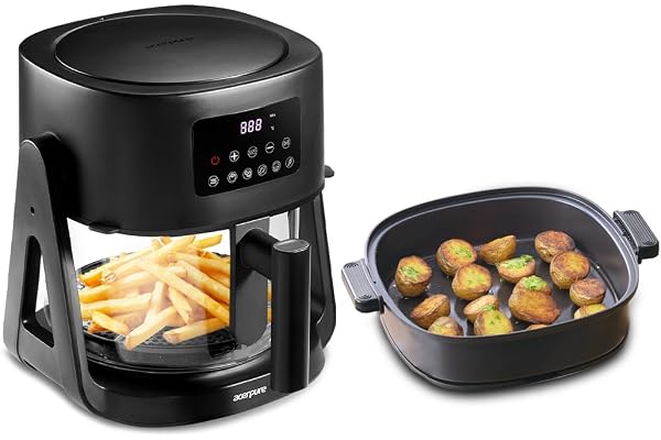 Acerpure Air Fryer 100% Glass Bowl 90% Less Oil 5.5L Air Fryer + 2.5L Cooking Pot Air Fry, Toast, Reheat, Grill, Cook 360° TurboHeat Technology Preset Modes 1500 Watts Black