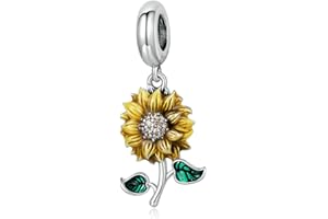 Qings Ciondolo Girasole Charms Argento Sterling 925 Sunflower Fiore Oro Ciondoli con Zirconi Cubici Compatibile con Braccialetti e Collane
