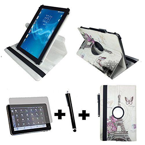 3er Starter Set für Vodafone Tab prime 7 Tablet PC Tasche + Stylus Pen + Schutzfolie - 10.1 Zoll Paris Blume 360_