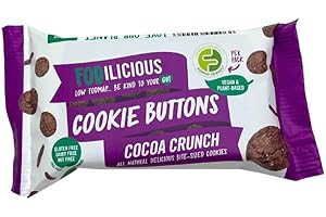 Fodilicious Cookie Buttons Cocoa Crunch - Low FODMAP Snacks, Gluten Free, Vegan, Plant-based, Free From Top 14 Allergens, Dairy Free, Nut Free, Refined Sugar Free, Low Calorie Snacks, 12 x 30g Packs