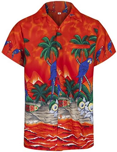 REDSTARMens Hawaiian Shirt Short Sleeve Parrot STAG Beach Holiday Bird Fancy Dress Hawaii (Medium, Orange)