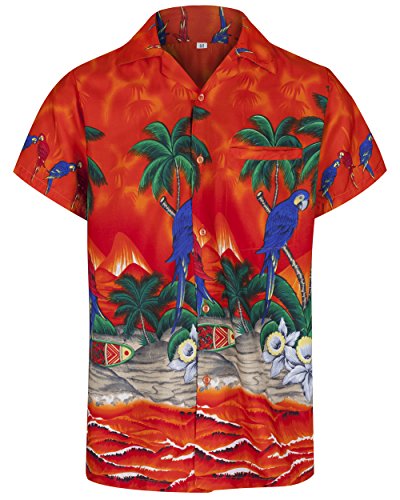 REDSTARMens Hawaiian Shirt Short Sleeve Parrot STAG Beach Holiday Bird Fancy Dress Hawaii (Medium, Orange)