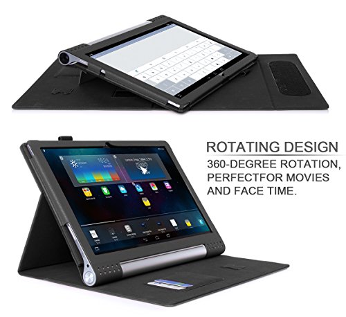 [Ecke Schutz] Lenovo Yoga 2 Pro Hülle, Lenovo Yoga 2 Pro 13, Fyy hochwertige umweltfreundliche KunstlederHülle (Tasche Schutzhülle Case Cover Etui) mit Standfunktion/Aufsteller mit Fach für Kreditkarten elastische Handschlaufe Stift-Haltung (mit automatischer Schlaf/ Weck-Funktion) Schwarz für Lenovo Yoga Tablet 2 Pro(13.3 Zoll) - 6
