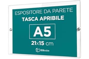 3DSCUBE Espositore in plexiglass di ALTISSIMA qualità, da parete, targa a tasca apribile in plexiglass, porta avvisi e depliant formato A5 orizzontale 21×15 cm, completa di borchie in alluminio