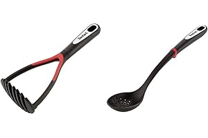Tefal K2071214 Ingenio Presse-Purée/Ecrase Purée ustensile de cuisine noir résistant & K2060314 Ingenio Cuillère Écumoire ustensile de cuisine noir résistant sans bisphénol A avec insert silicone