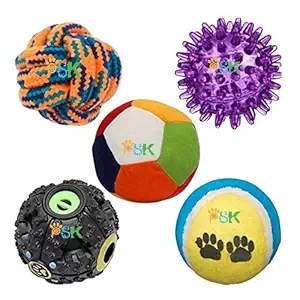 PSK PET MART Puppy Ball 5 in 1 Combo - Rattle Ball | Tennis Ball | Squeaky LED Ball | Giggle Queak Treat Ball | Cotton Ball - for Small Dogs Medium Dogs & Puppies