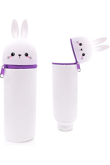 Trousse Scolaire En Silicone Souple - Design Lapin Kawaii 2 En 1 (trousse + Pot à Crayons) - 22x6x6 Cm - Cadeau Pour Enfants