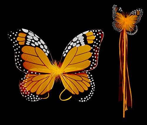 Mozlly 18 inch Orange Monarch Butterfly Wings and Wand 2pc Set for Children Dress Up Accessory - Costume, Princess, Fairy (Set of 4) - Item #S110012_X4