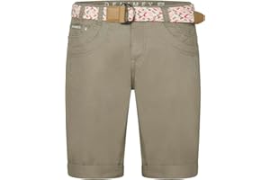 DENIMFY Bermudas Pantalones cortos para mujer con cinturón, corte regular, pantalones chinos, pantalones cortos de verano, hasta la rodilla, elásticos, monocolor, blanco, beige, rosa, azul, oliva,