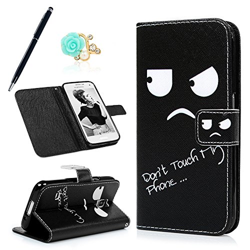 Badalink Hülle für Samsung Galaxy S5 Mini Handyhülle Hülle PU Leder Tasche Handy Schutzhülle Cover Flip Tasche mit Kartenfach und Ständerfunktion in Don't Touch My Phone Muster Kleine Augen Design + Flower Anti Staub Schutz Stöpsel + Eingabestift