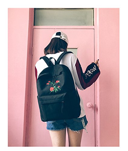 M  dchen Leinwand Rucksack Hansee Fashion Preppy Rose Stickerei Schule Taschen Campus Canvas Student Rucksack  black 