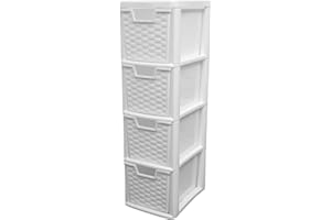 SIDSONS Medium Rattan Effect White |4 Drawer Storage Tower Unit| Desktop Table top Office Home School Organizer Stationary Cosmetic Jewellery Organiser 62cm (H) x 26cm (D) x 19cm (W)