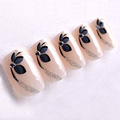 Bling Art False Nails Französisch Maniküre schwarz Weiß Blume 24 Mittel Tipps UK - 7