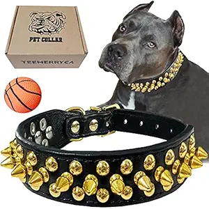 teemerryca Black Leather Dog Collar with Gold Spikes for Small Medium Large Pets, Pit Bulls/Bulldog, Keep Dog Safe from Grabbing by Huge Dogs, L(15