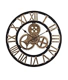 ZSLMX Retro 3D Gears GroßE Wanduhr Römische Ziffern Design Industrie-Stil Aus Holz Kunst BüRo Bar Cafe Home Dekoration Metall HäNgende Uhr - Mehrere GrößEn,Gold,80cm